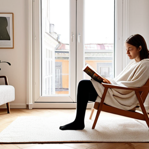 **

A brightly lit, minimalist apartment interior in Stockholm. Focus on clean lines, natural light, and a few carefully chosen items: a comfortable armchair with a soft blanket, a small bookshelf with a curated selection of books, and a potted plant. A young woman is peacefully reading, bathed in sunlight. The overall feel is calm, harmonious, and *lagom*.

**