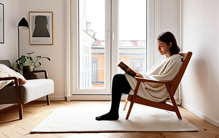**

A brightly lit, minimalist apartment interior in Stockholm. Focus on clean lines, natural light, and a few carefully chosen items: a comfortable armchair with a soft blanket, a small bookshelf with a curated selection of books, and a potted plant. A young woman is peacefully reading, bathed in sunlight. The overall feel is calm, harmonious, and *lagom*.

**