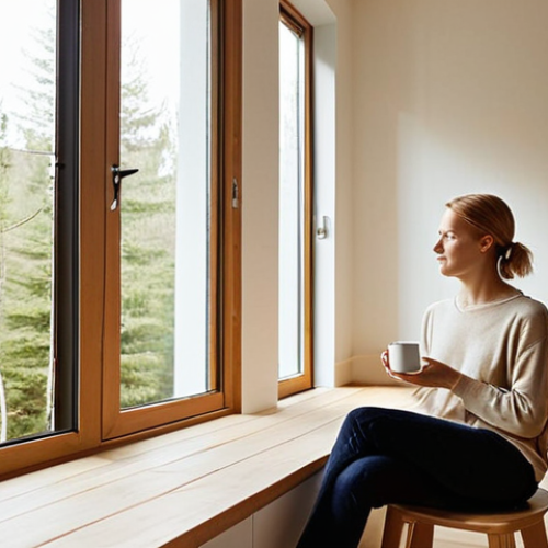 **Prompt 1:** A serene, gender-neutral person (30s-40s, Nordic features) sits peacefully by a large, sun-drenched window in a minimalist, light-filled Scandinavian-style home. They are holding a simple, well-designed ceramic mug, looking out at a calming, natural landscape (perhaps a lake or forest). The room is uncluttered, showcasing only a few carefully chosen, high-quality items, emphasizing space, tranquility, and conscious living. The person's expression conveys deep contentment, mental clarity, and freedom, embodying the idea of valuing experiences and internal peace over material possessions. The lighting is soft and natural, creating a warm, inviting atmosphere.