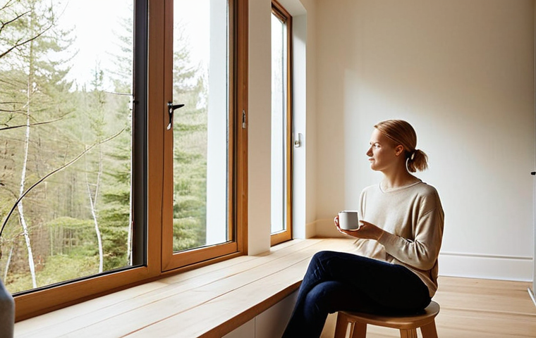 **Prompt 1:** A serene, gender-neutral person (30s-40s, Nordic features) sits peacefully by a large, sun-drenched window in a minimalist, light-filled Scandinavian-style home. They are holding a simple, well-designed ceramic mug, looking out at a calming, natural landscape (perhaps a lake or forest). The room is uncluttered, showcasing only a few carefully chosen, high-quality items, emphasizing space, tranquility, and conscious living. The person's expression conveys deep contentment, mental clarity, and freedom, embodying the idea of valuing experiences and internal peace over material possessions. The lighting is soft and natural, creating a warm, inviting atmosphere.